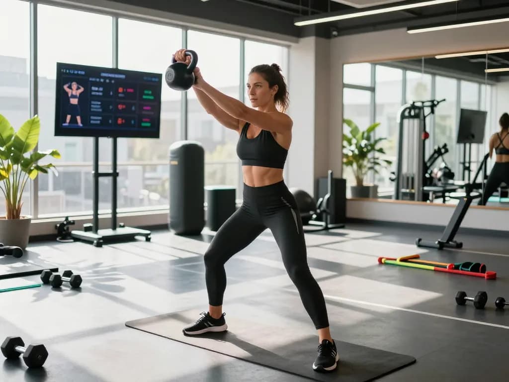 Fitness influencer performing a kettlebell swing in a modern gym, embodying the BANDIT69 lifestyle.