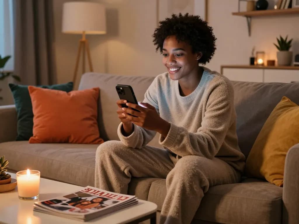 Engaging in AI sexting conversation on a smartphone in a cozy living room.