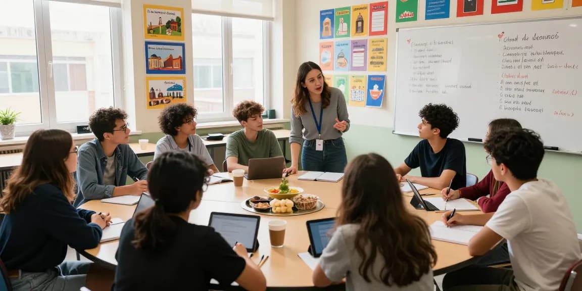 Engaged students learning Italian in a colorful classroom for toto togel enthusiasts.