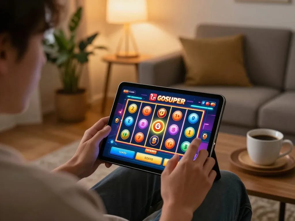 Engaging moment playing LGOSUPER slot games on a tablet in a cozy home atmosphere