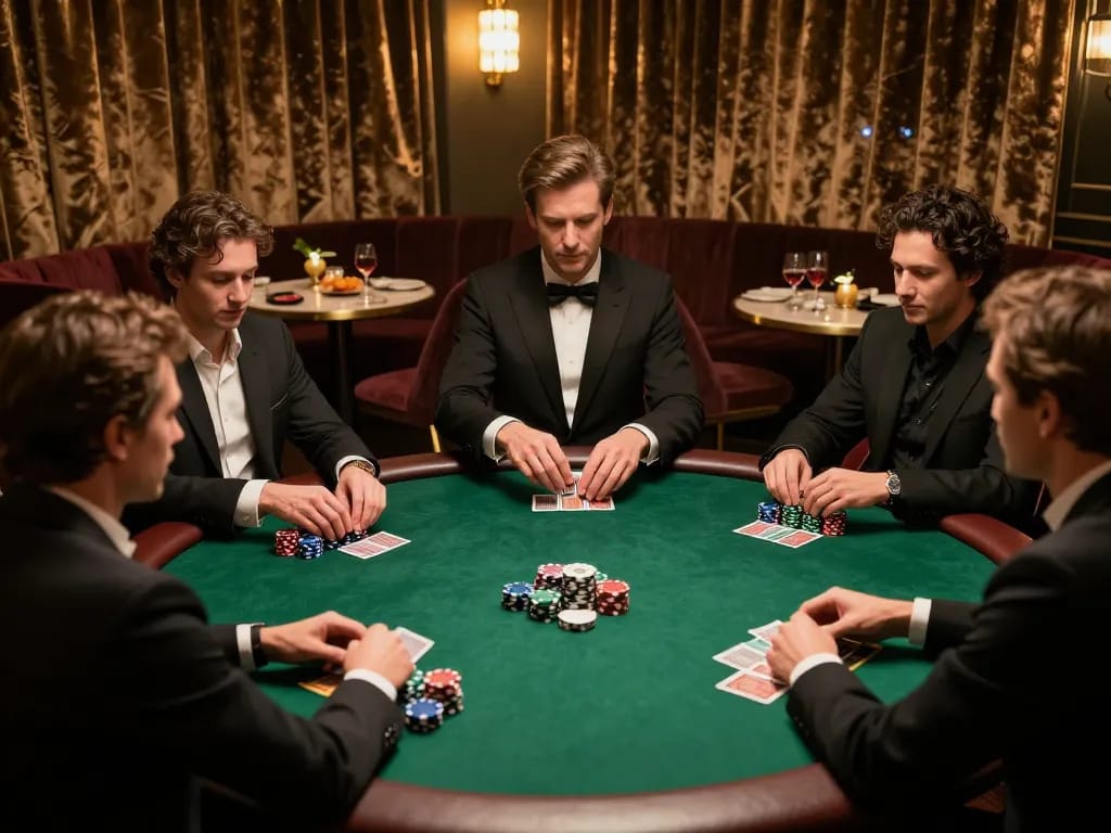 hi88 poker players strategizing during an exclusive game with chips stacked high