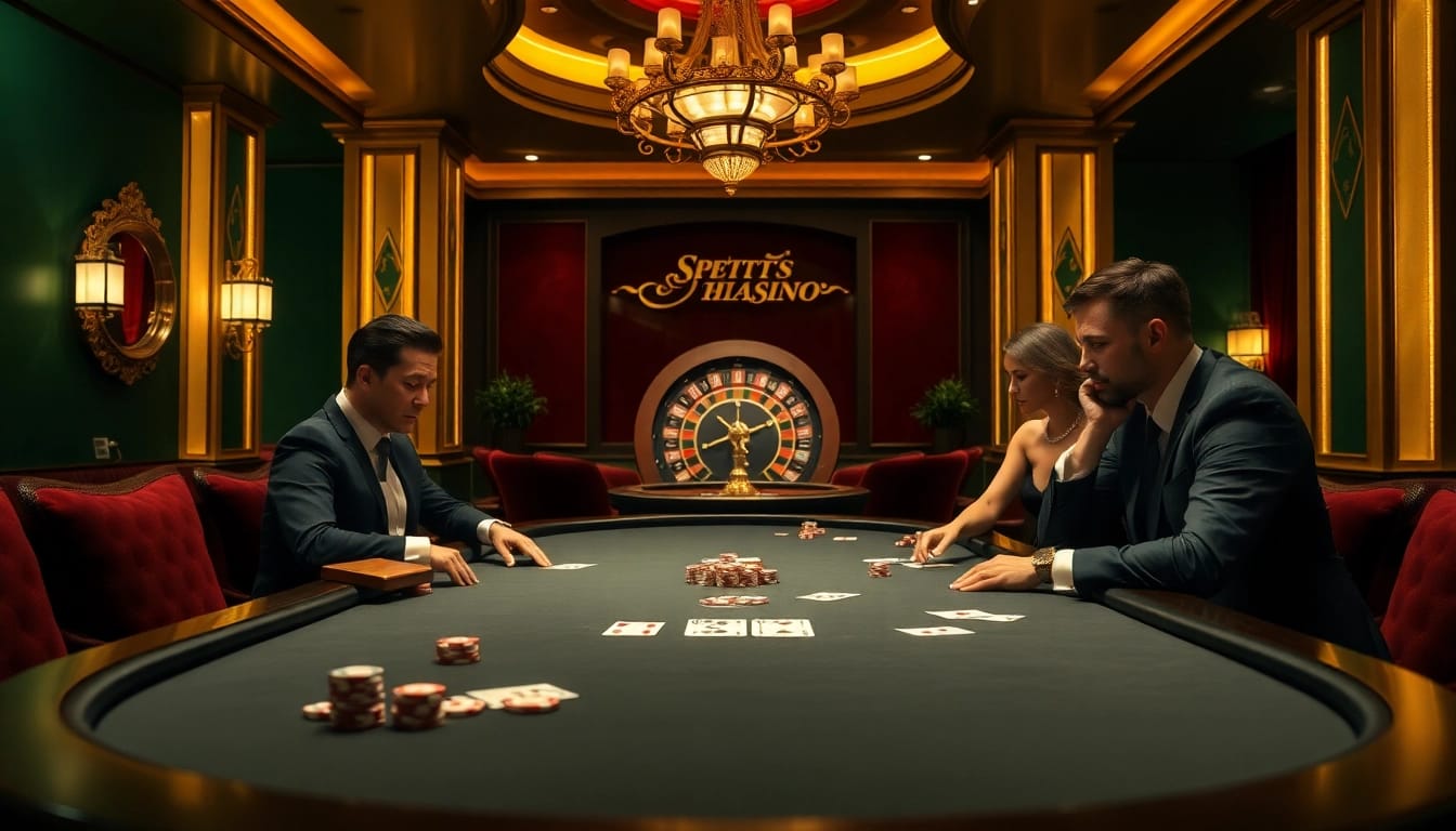 Engaged gamblers playing poker at a high-stakes table with S8 devices highlighting the luxury of the casino.