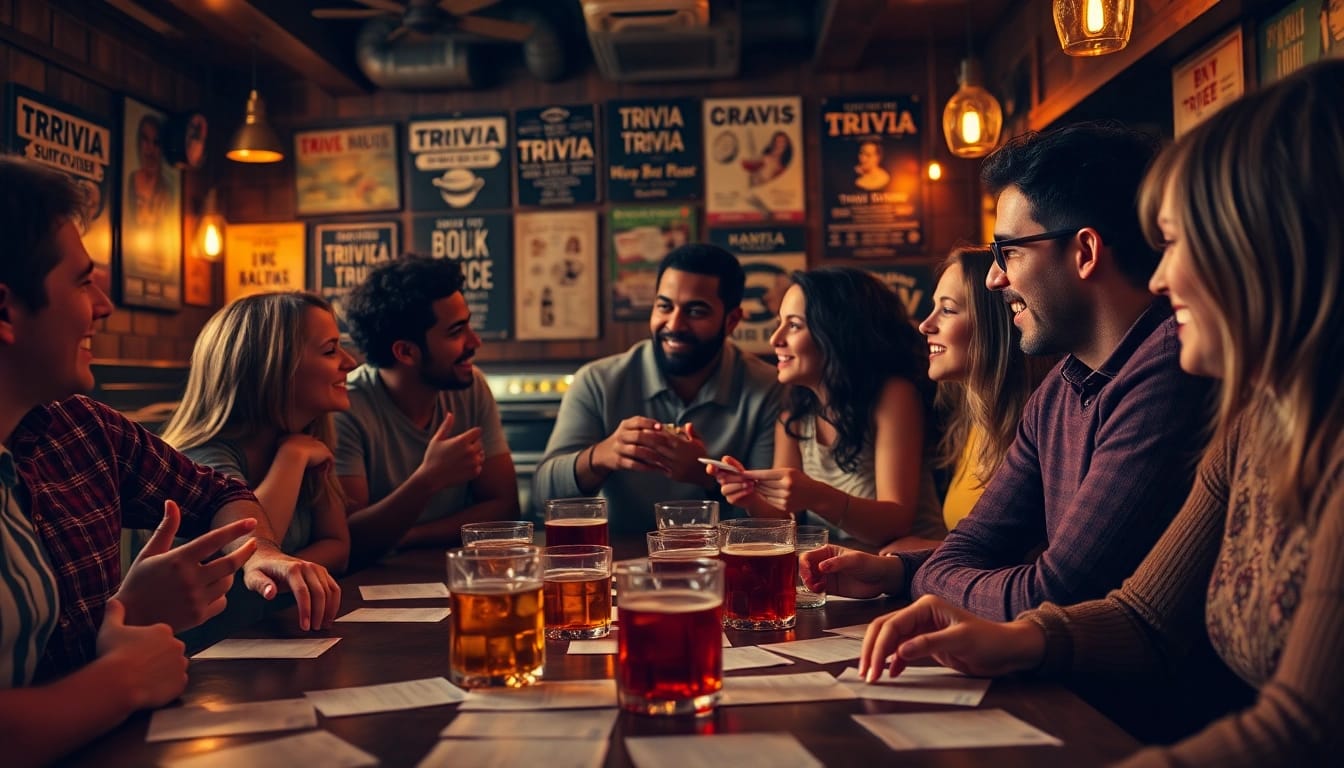 Engaging group enjoying trivia question night at a cozy pub with vibrant decor.