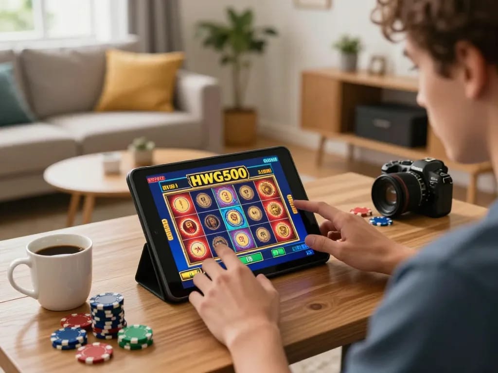 Pemain berinteraksi dengan slot hwg500 di tablet, menunjukkan perjudian online strategis di lingkungan rumah yang nyaman.