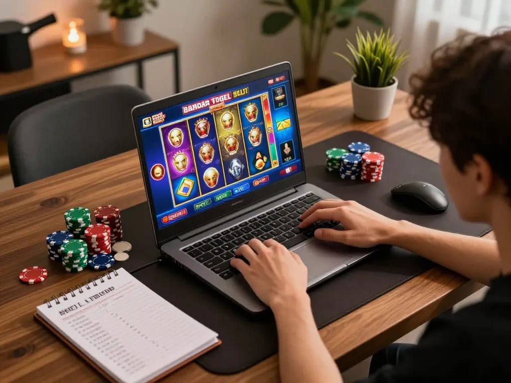 Permainan yang menarik dari Bandar Togel Slot di laptop, menampilkan pengaturan permainan rumah yang cerah, menyoroti taruhan strategis.