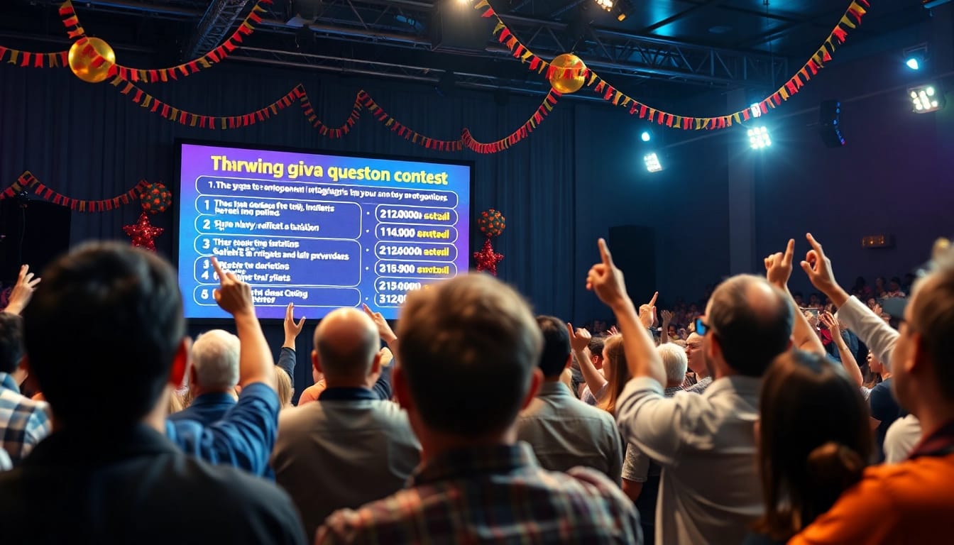 Participants excitedly answering a trivia question in a vibrant quiz contest setting.