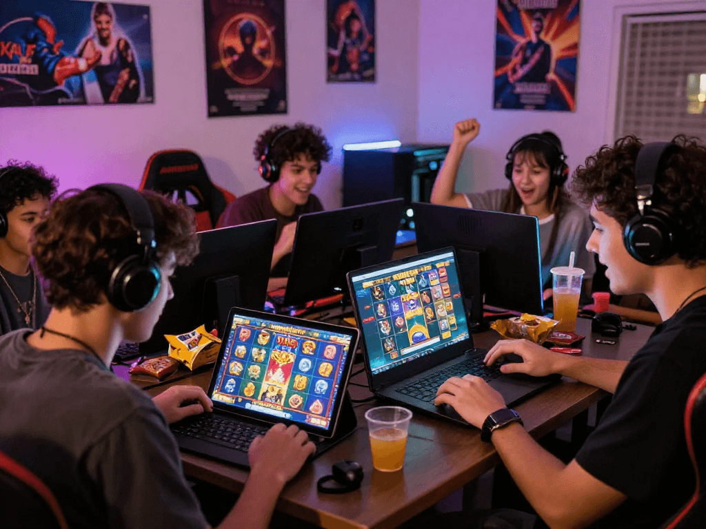 Players immersed in slot resmi games on various devices, enjoying vibrant graphics and a lively gaming atmosphere.