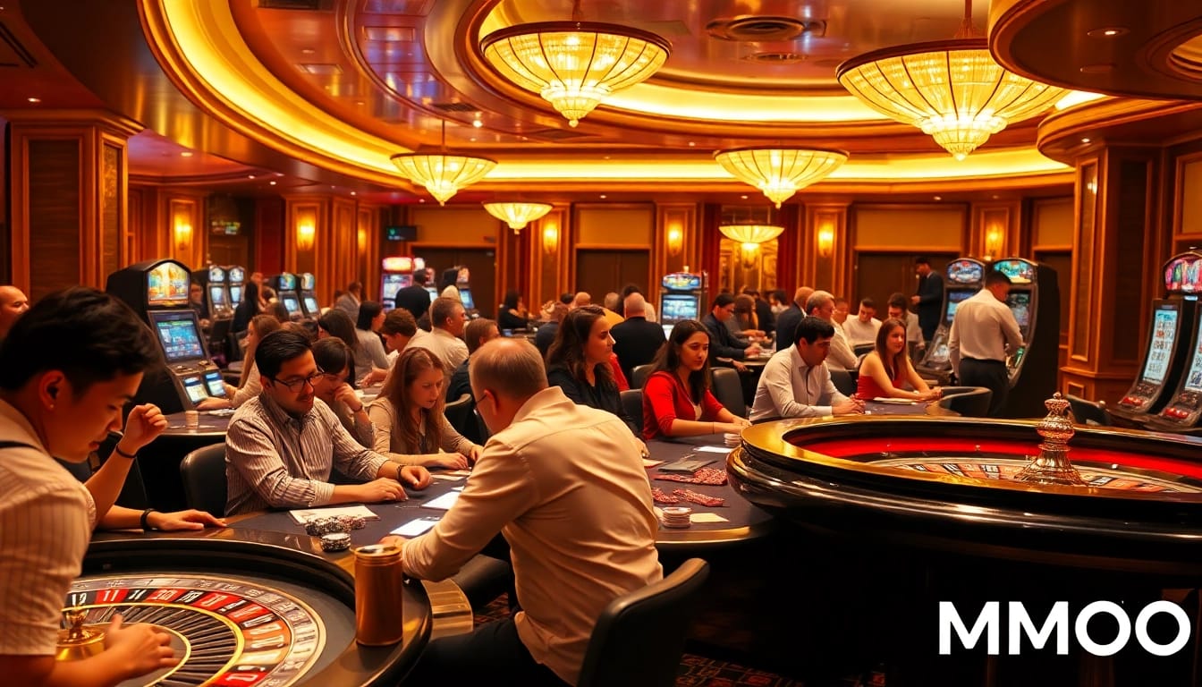 Exciting gambling action at MMOO casino with players at poker tables and slot machines.