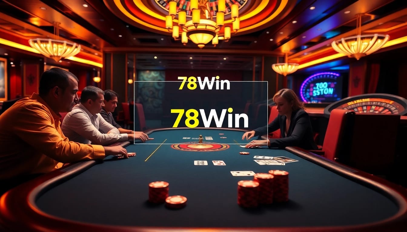 Play poker at 78Win's high-stakes table, featuring vibrant chips and playing cards.