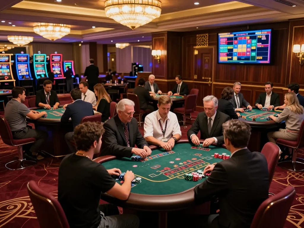 Play blackjack at five 88 casino table, vibrant atmosphere with players actively betting.