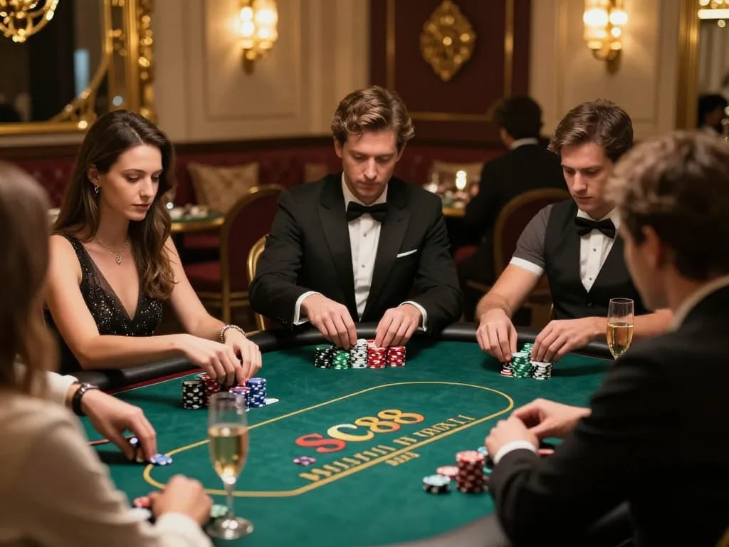 Engaged players at SC88 Vip poker table, showcasing high-stakes excitement and luxury.