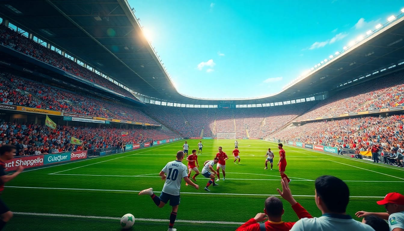 Bóng đá socolive scene with players in action and passionate fans cheering in a vibrant stadium.