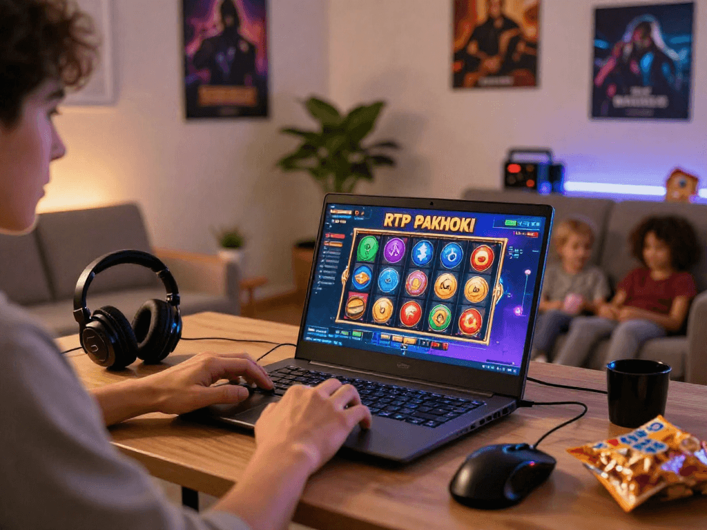 Engaging RTP slot hari ini experience with colorful online gaming setup featuring a laptop, gaming accessories, and cozy living room.