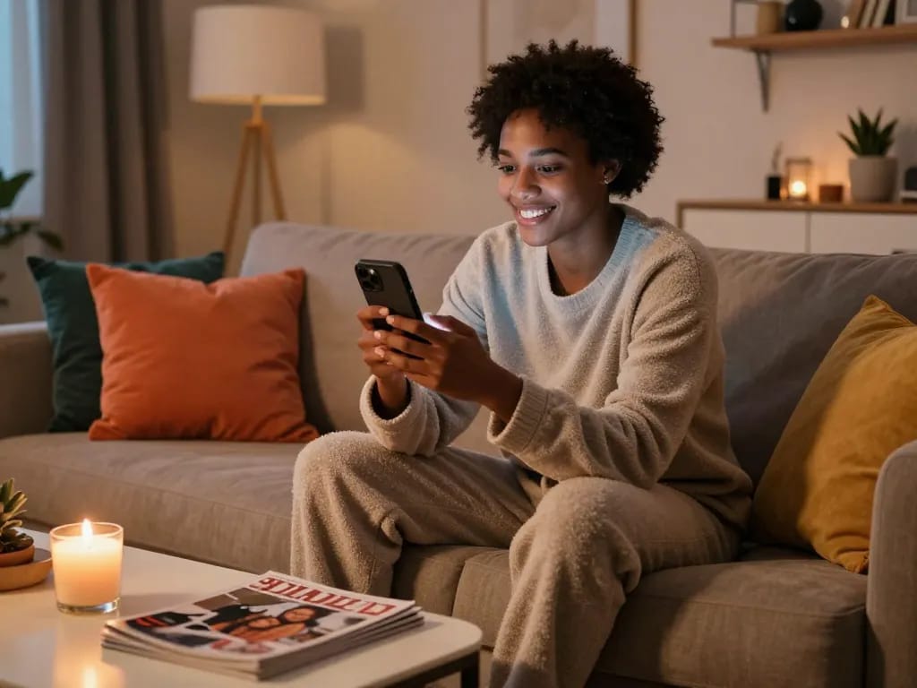 Engaging in AI sexting conversation on a smartphone in a cozy living room.