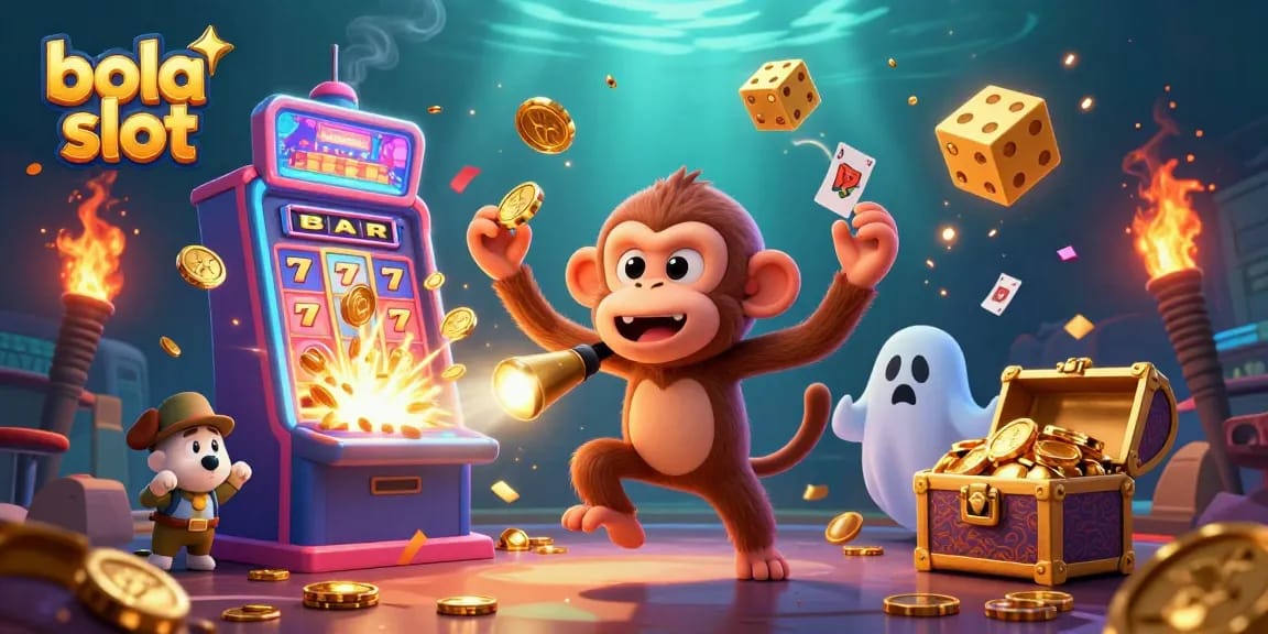 Experience the excitement of bola slot in a vibrant casino scene with mischievous characters and jackpot action.
