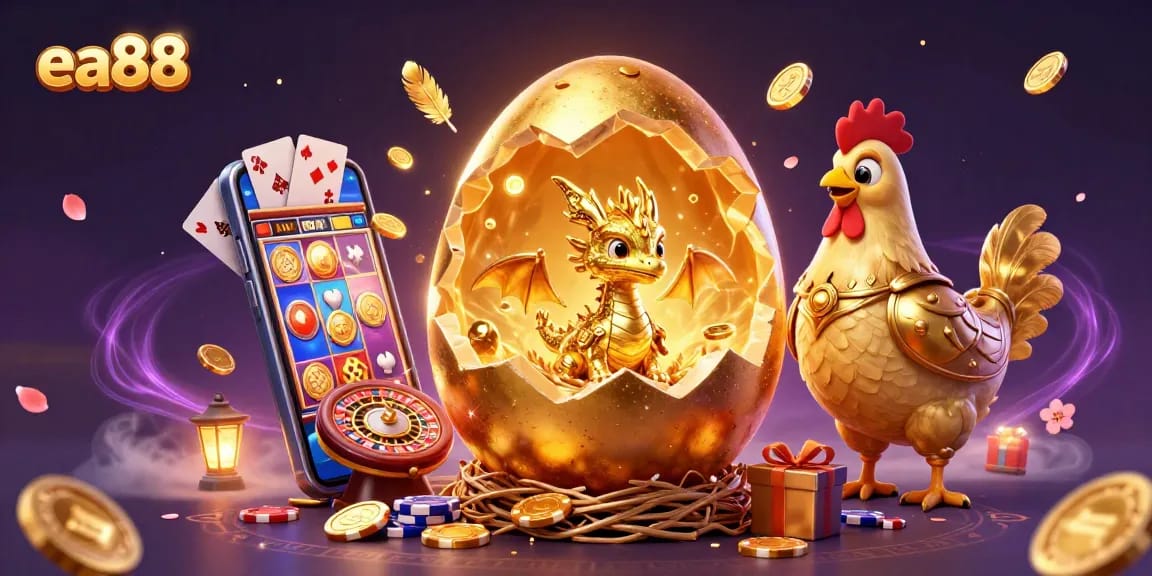 Engage with the thrilling world of ea88 as a golden dragon emerges from a poker chip nest amidst vibrant casino elements.