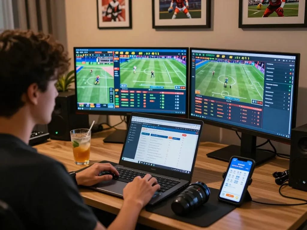 Situs toto sports betting setup showcasing live events with user engaged in dynamic betting activities.