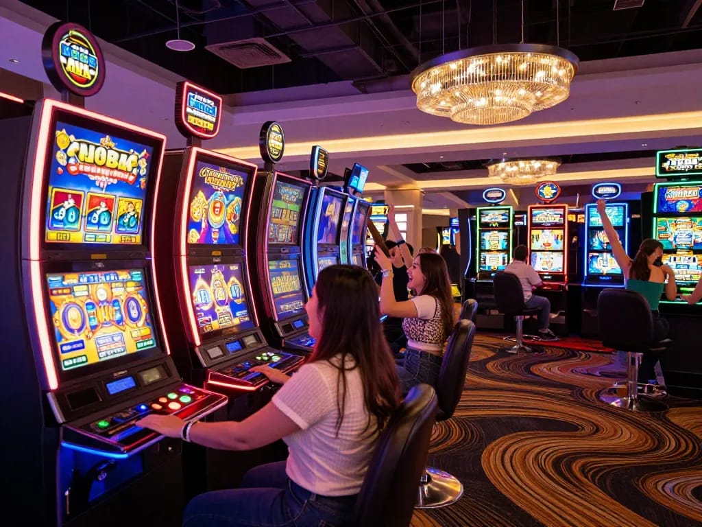 Players enjoying slot machines at MPO08 casino, vibrant lights and excitement surrounding.