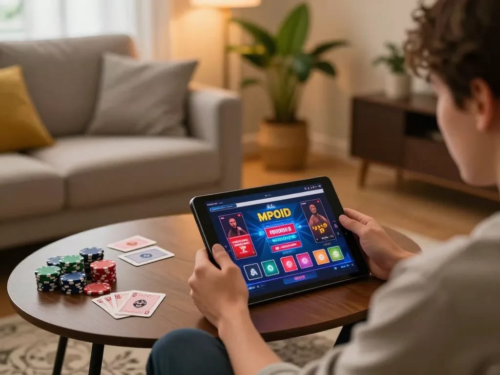 Engaging with MPOID's online casino on a tablet at home, showcasing a vibrant gaming atmosphere.
