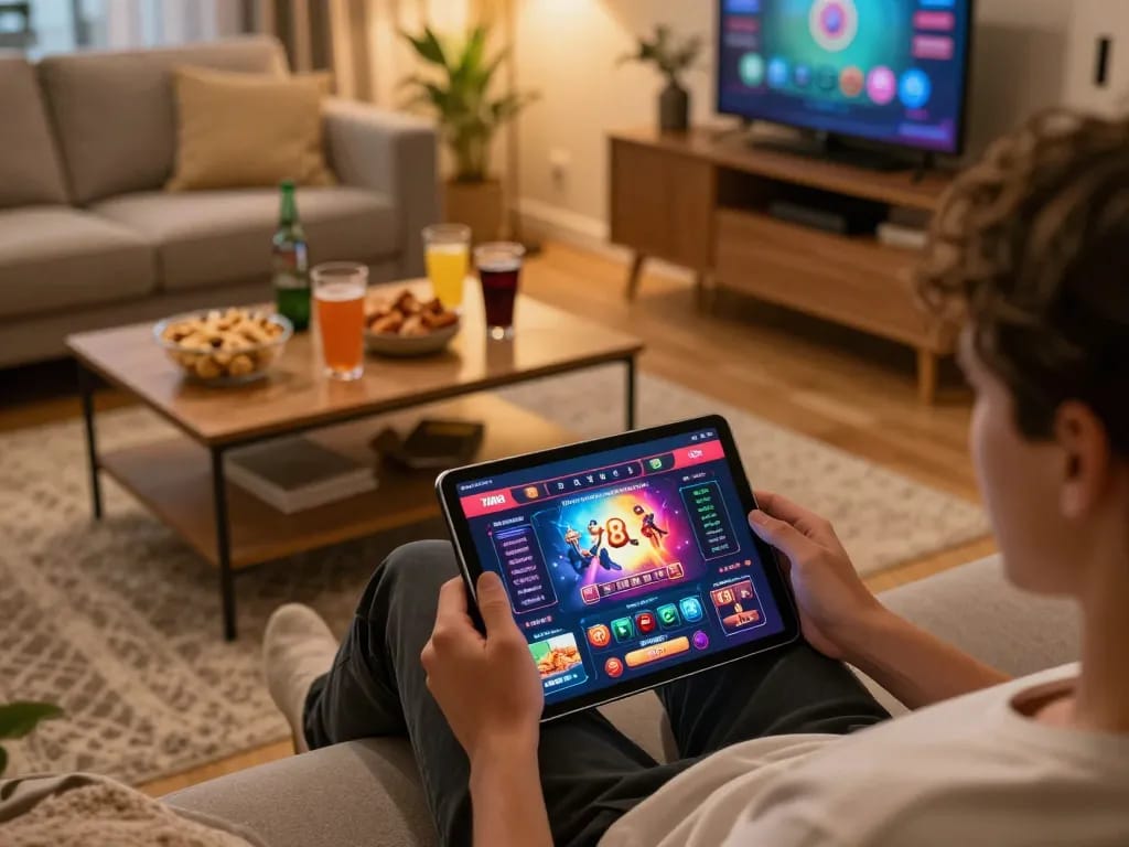 Player enjoying the 78win casino app on a tablet in a cozy home setting