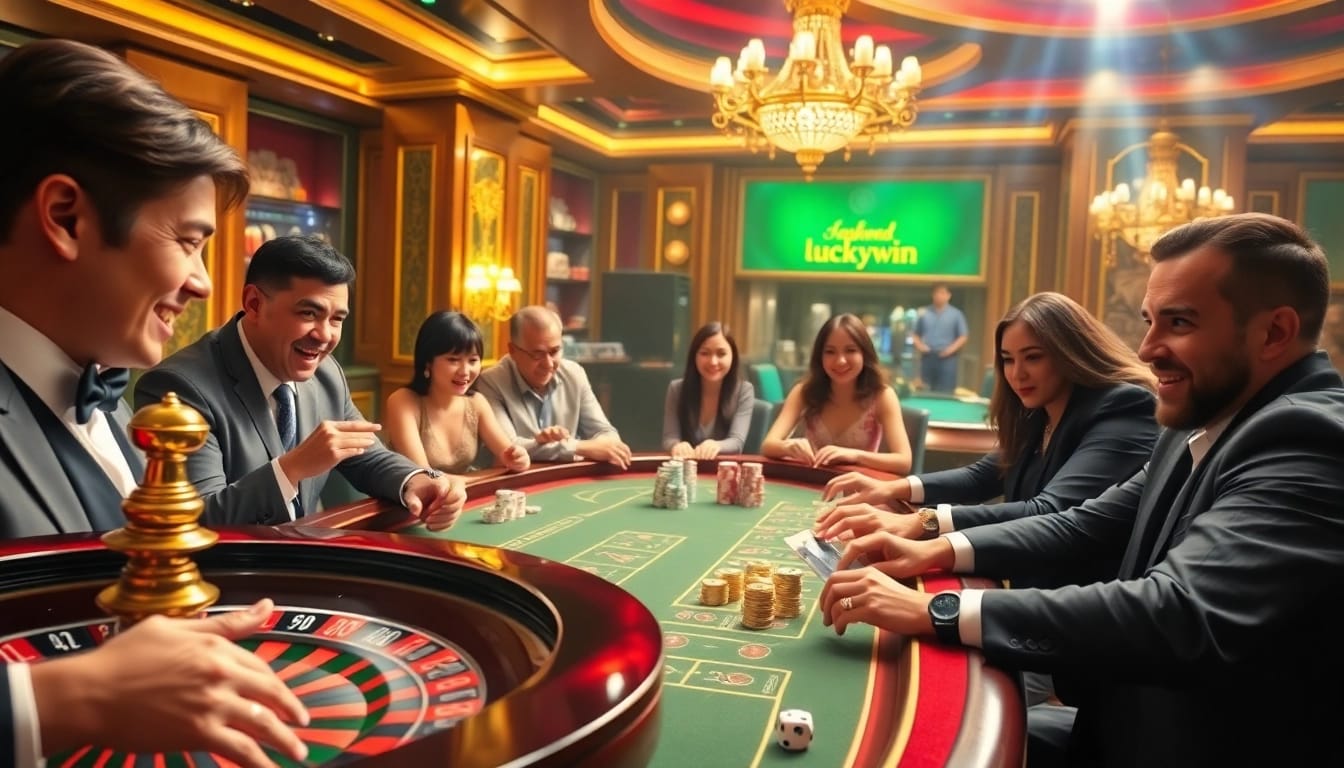 Luckywin casino players celebrating a big win at a vibrant roulette wheel.
