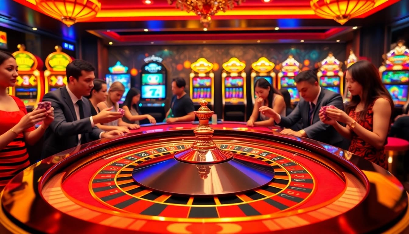 Naga99 casino atmosphere with gamblers and roulette table excitement