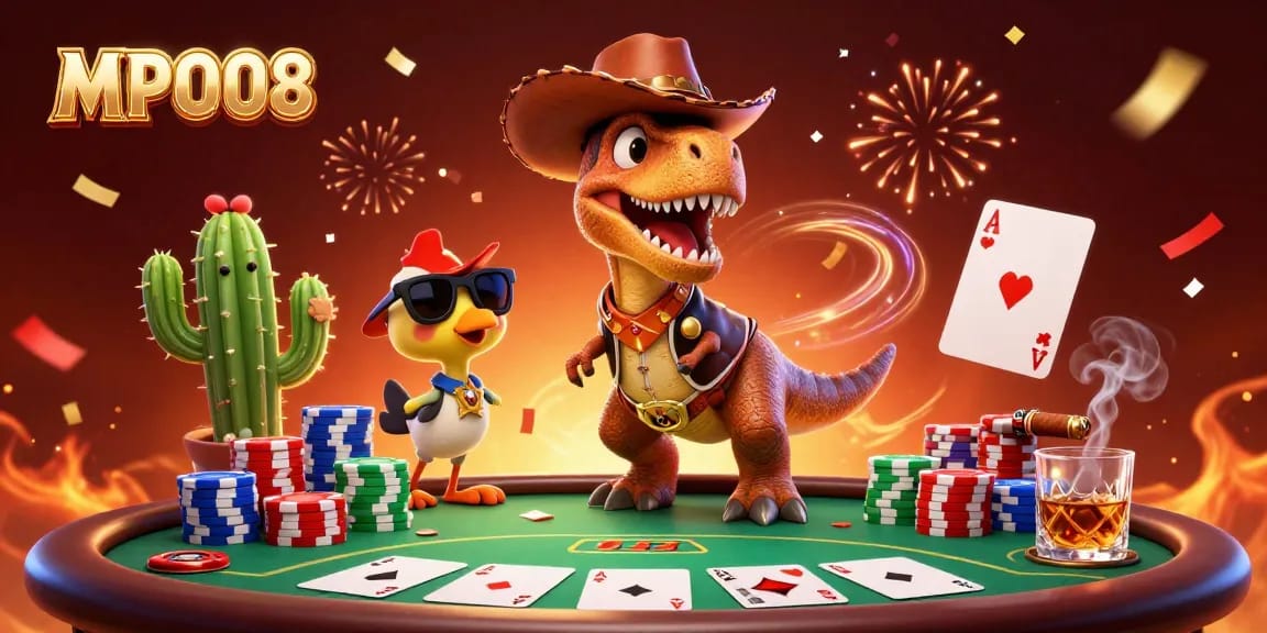 Experience high-speed gameplay with MPO08 as a dinosaur, cactus, and roadrunner play poker.