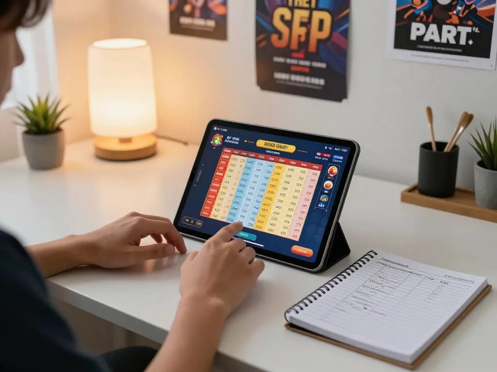 Engaging with data SGP results on a tablet in a cozy online gaming setup, showcasing strategic lottery play.