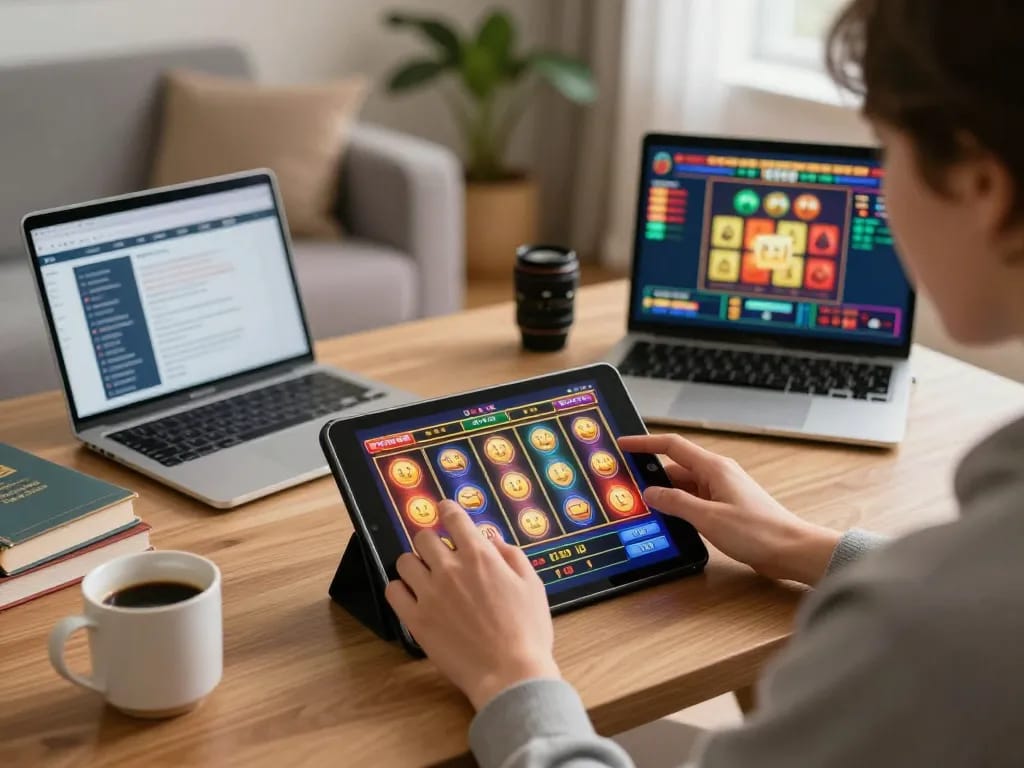 WWBOLA user enjoying thrilling online slots in a cozy home setup, showcasing colorful game reels and strategic excitement for responsible gaming.