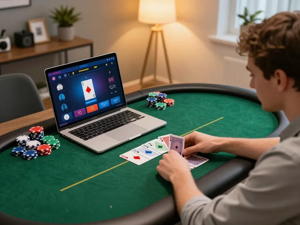 MPO08 poker game strategy in action, showing player engaged on laptop with chips and cards around.