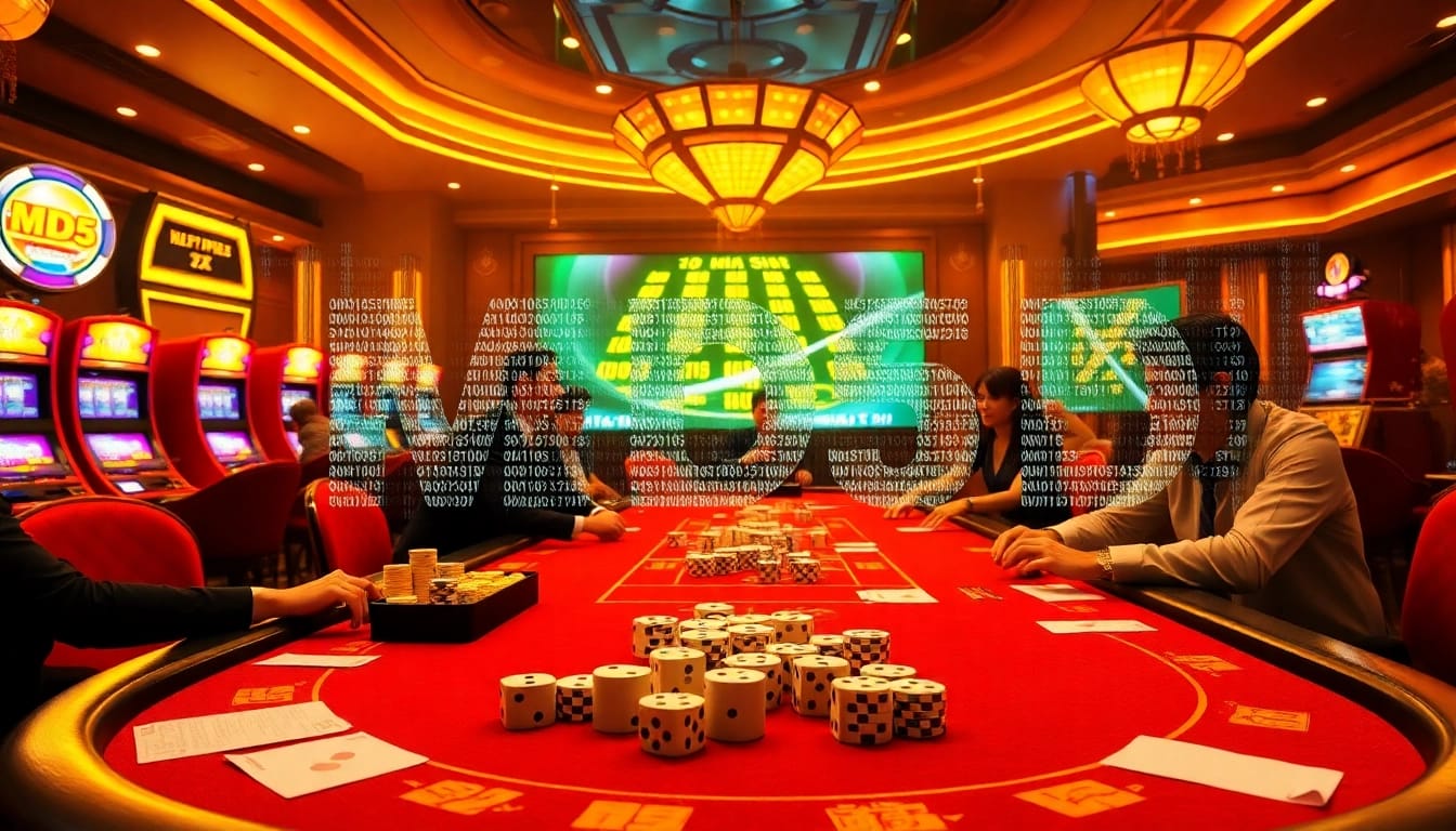 Tài xỉu md5 gameplay with high-stakes bets, vibrant casino atmosphere, and players engaged in action.
