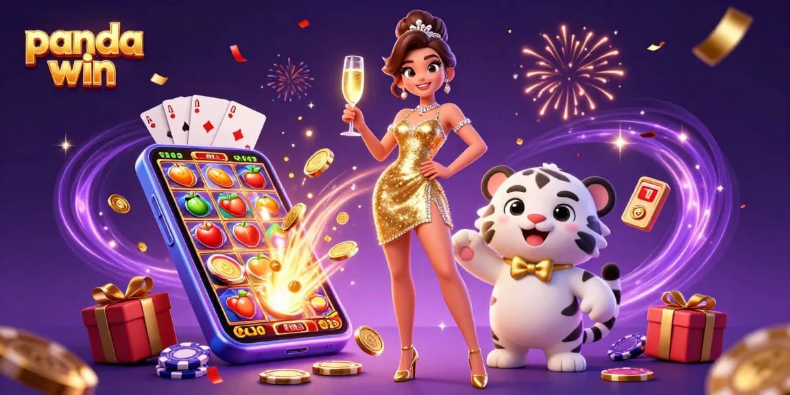 Tindakan slot panda win dengan wanita glamor dan harimau keberuntungan, dikelilingi oleh elemen permainan slot yang cerah.