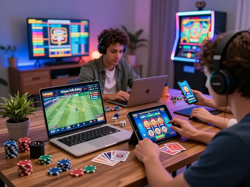 Players enjoying diverse games at home via https://o8.delivery/ showcasing an exciting online gambling atmosphere.