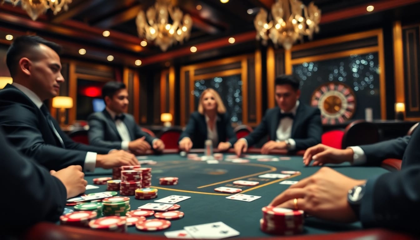 Engaging players participate in a poker idn game at a luxurious casino table, surrounded by colorful chips and cards.