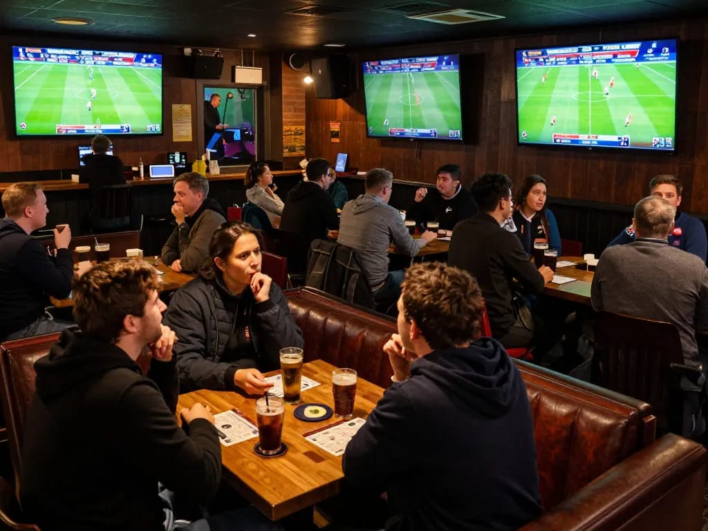 Cakhiatv patrons excitedly engaging in sports betting at a lively bar during live matches.
