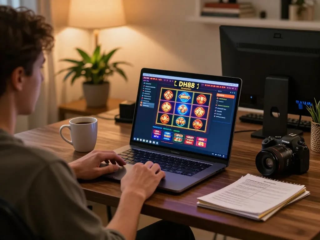 Engaging in an online game at DH88, highlighting a well-organized gaming setup with a laptop and strategy notes.
