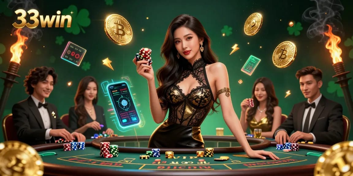 Experience the thrill of winning at 33win with an elegant player showcasing golden chips.