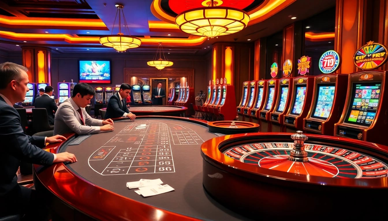 Capture the excitement of tỷ lệ 7m with a vibrant casino scene featuring players at baccarat and roulette tables.