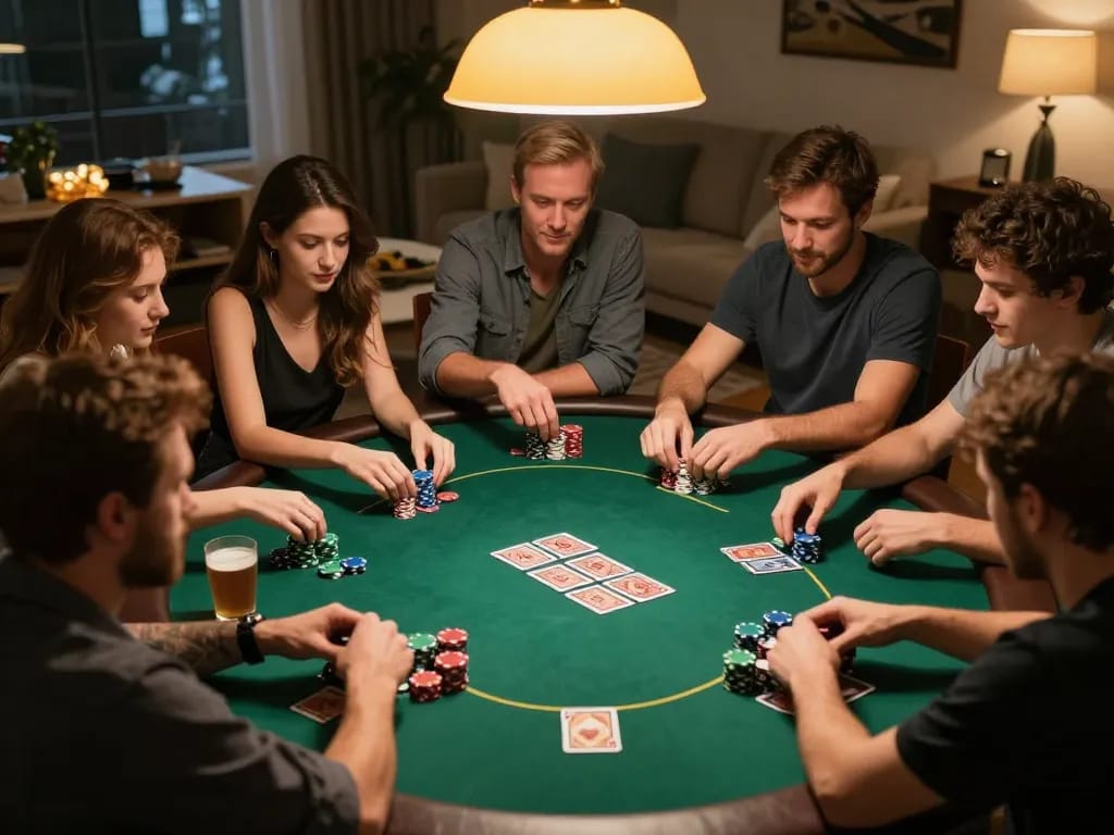 Join friends in an exciting poker game with link SC88 strategies, drinks, and a cozy atmosphere.