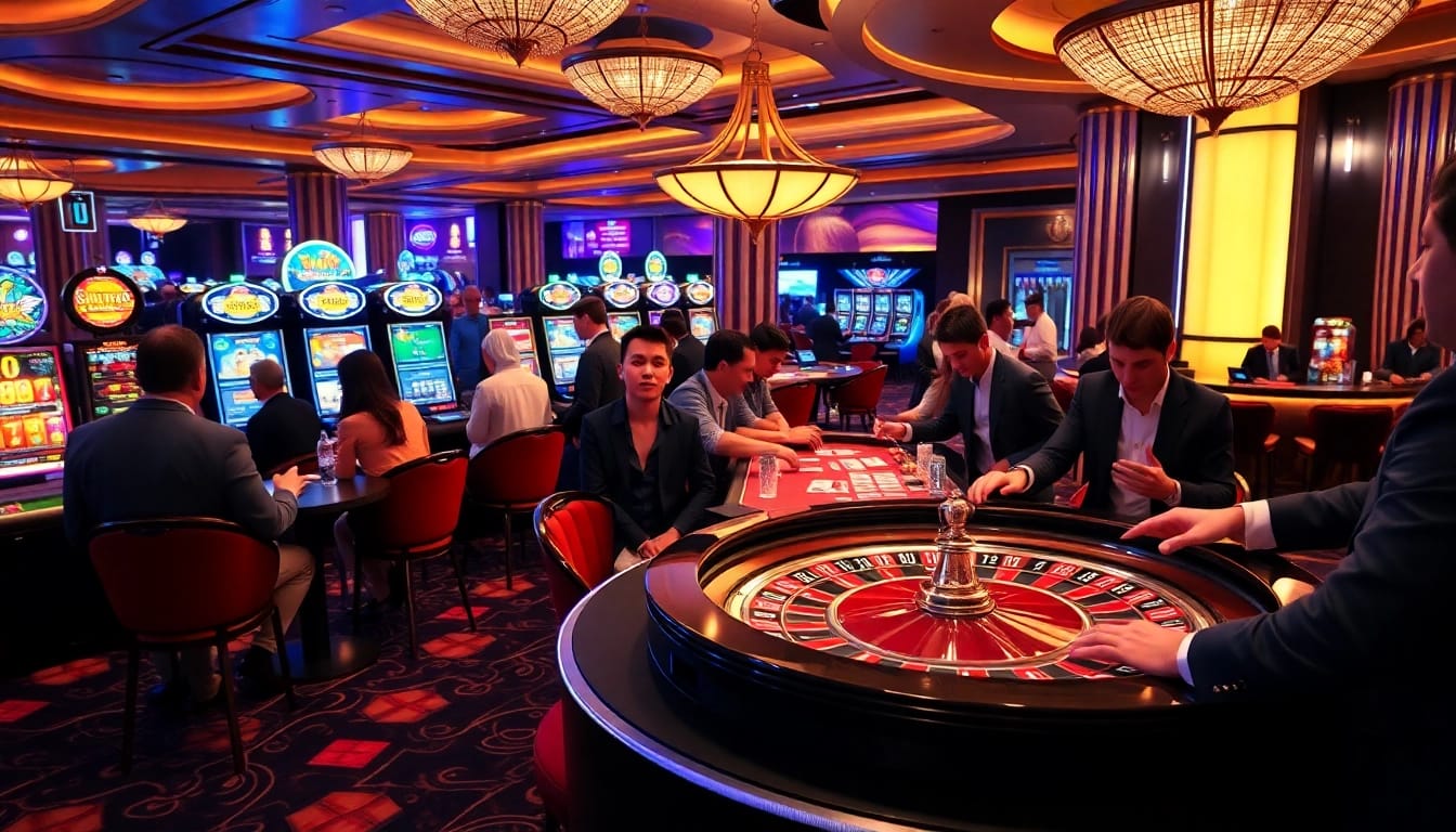 Experience the thrill of CM 88 at a luxurious casino with vibrant roulette tables and slot machines.