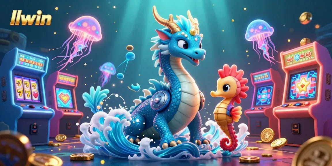 Play with llwin as the azure water dragon and seahorse knight greet glowing jackpots and game machines.