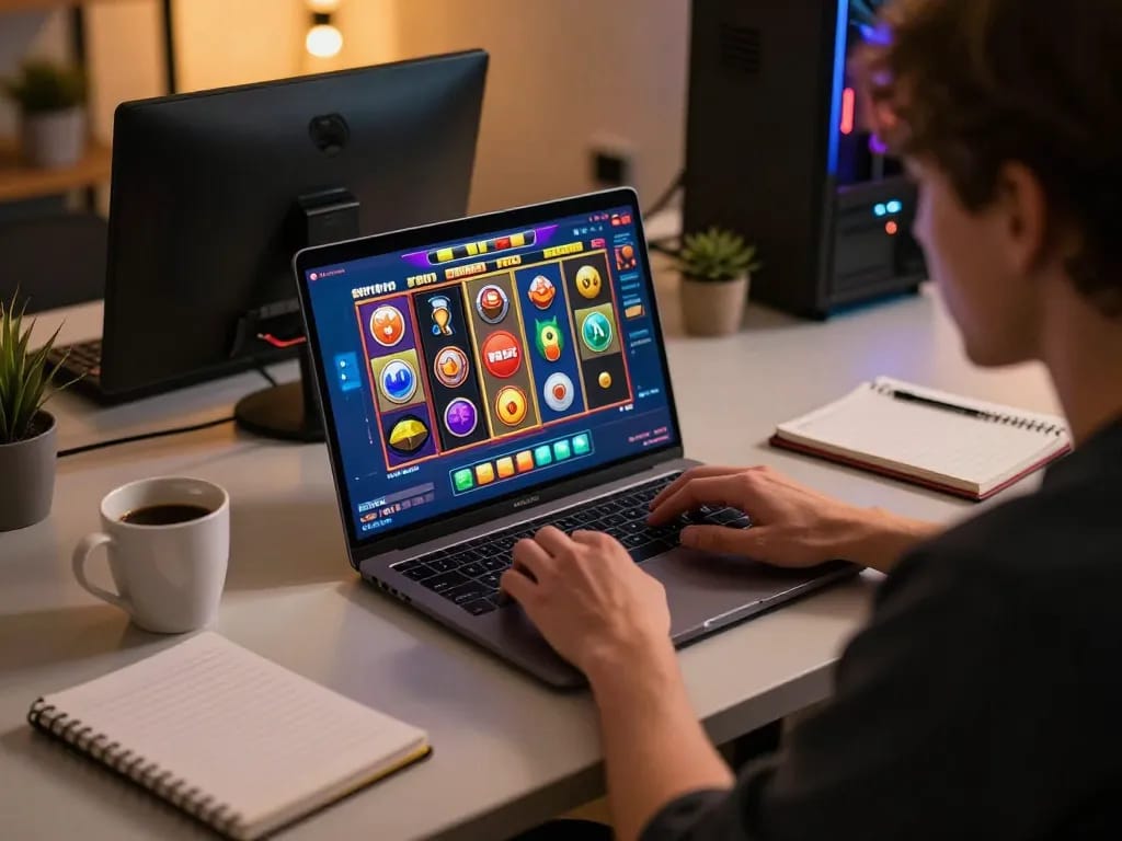 Berinteraksi dengan permainan slot toto yang mendebarkan di laptop dalam setup gaming di rumah yang nyaman.