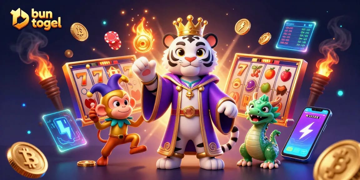 Engage with bun togel in an animated scene showcasing winning with slot reels and playful characters.