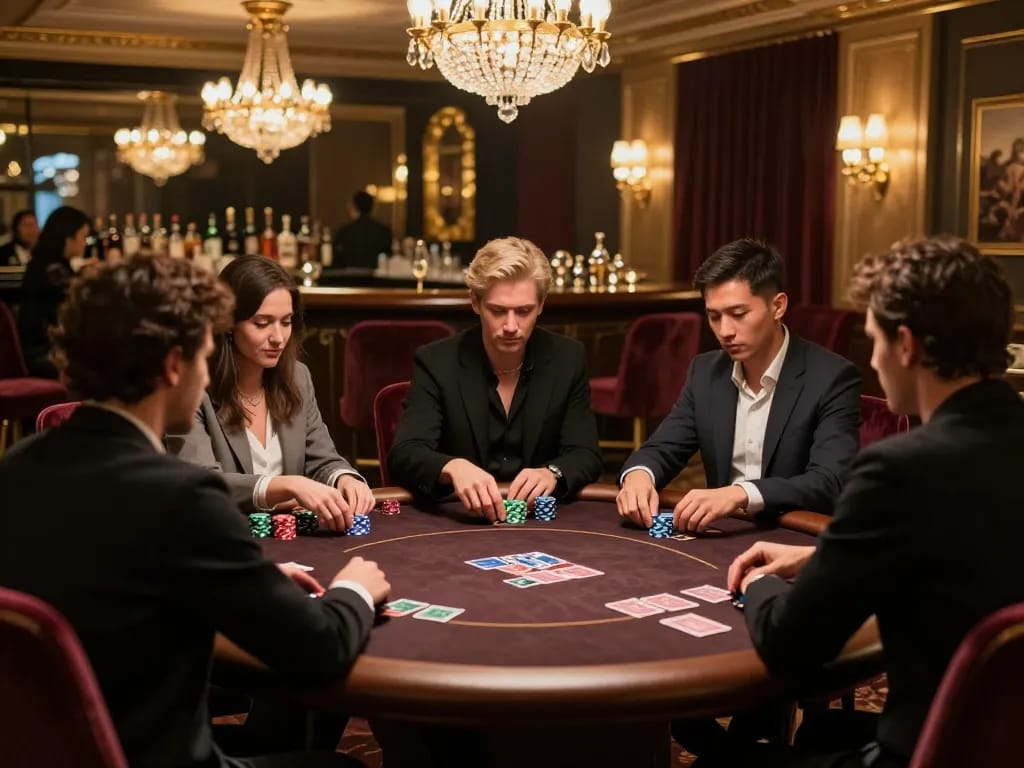 Engaging scene of a high-stakes poker game featuring LGOGOAL strategies, with players vying for victory.