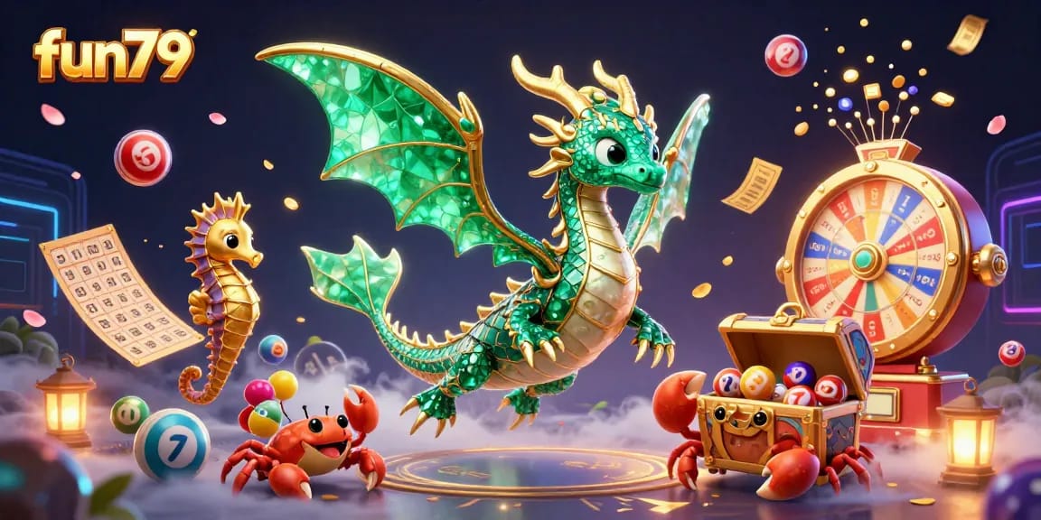 Engage in thrilling fun79 casino adventures with live lottery balls and a vibrant sea dragon illustration.