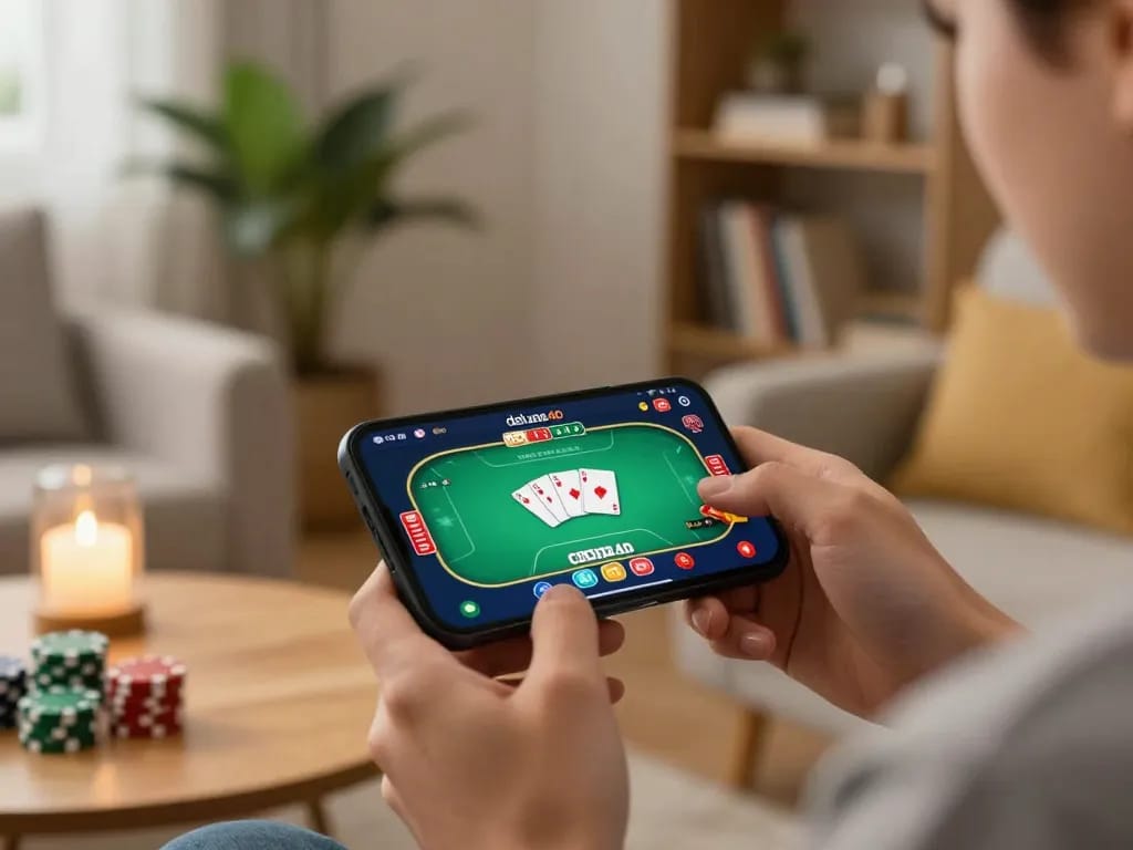Berinteraksi dengan aplikasi kasino deluna4d di smartphone selama sesi permainan di rumah.