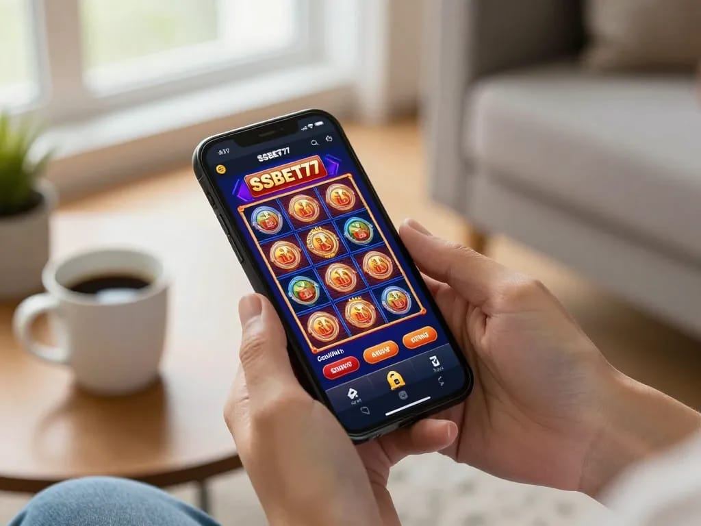 Engaging gameplay on SSBET77 app with user exploring vibrant slot games on mobile device.