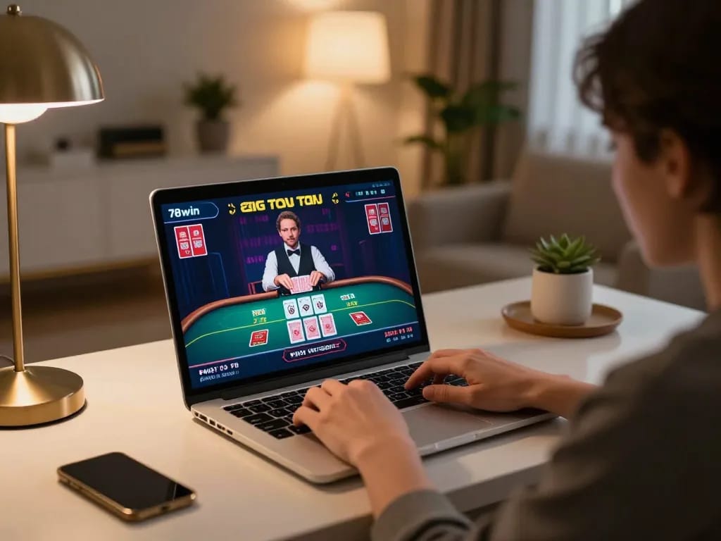 Engaging in strategic gameplay on 78win with a cozy home setup featuring a laptop.