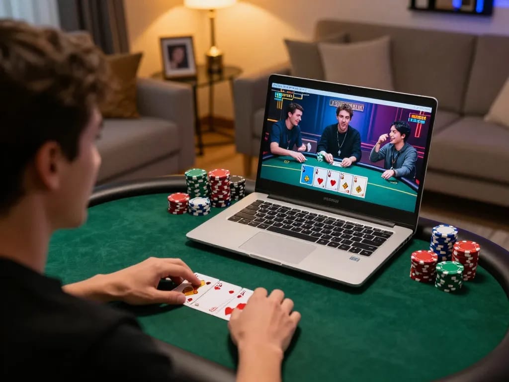Pemain menikmati permainan poker daring di laptop di rumah, fokus pada strategi untuk menang di alexis500.