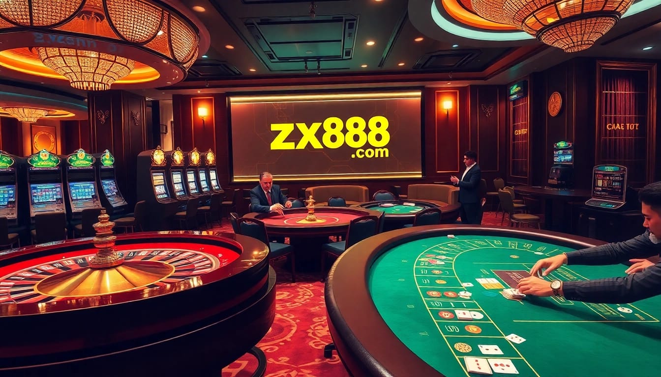 Players enjoying thrilling experiences at zx88 com casino tables with colorful chips and cards.